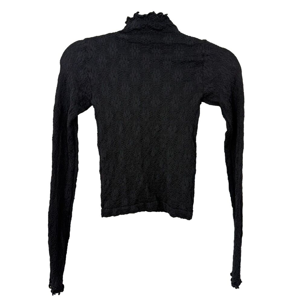 FREE PEOPLE Intimately Lettuce Edge Mock Lace Stretch Top XS Black Slim B84 - Picture 2 of 5